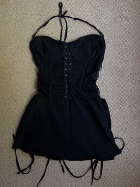 PrettyLittleThing Black Strapless Lace-Up Bustier Mini Dress